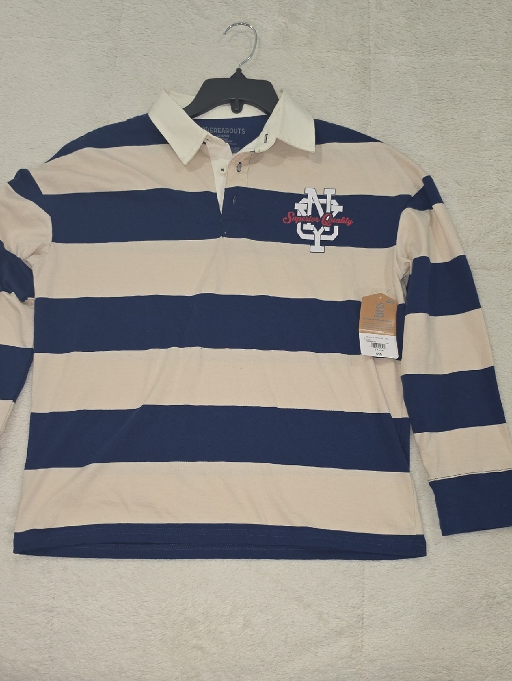 Striped Long-Sleeve Rugby Polo - Navy and Cream